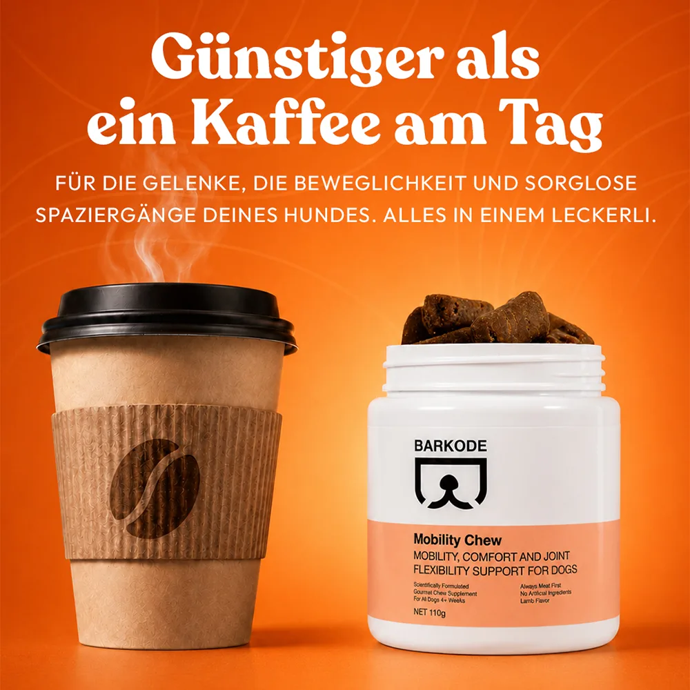 Eine Dose Mobility Chew neben einer Tasse Kaffee